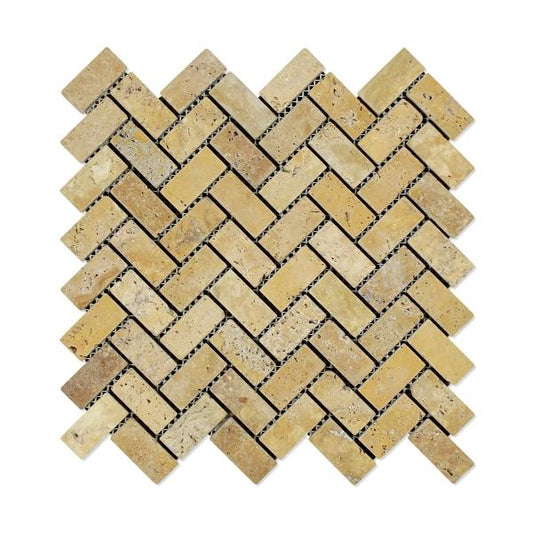 Gold Travertine Tumbled Herringbone Mosaic Tile 1x2"