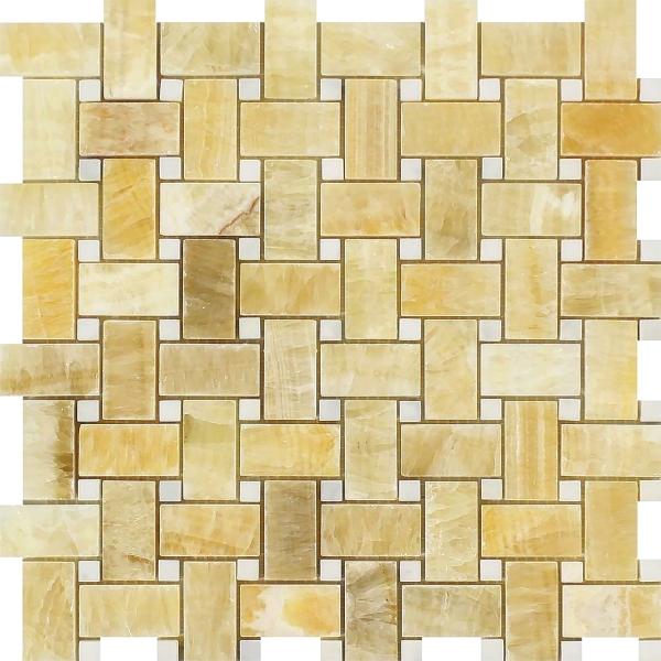 Honey Onyx Polished Basketweave w/ White Dots Mosaic  Tile