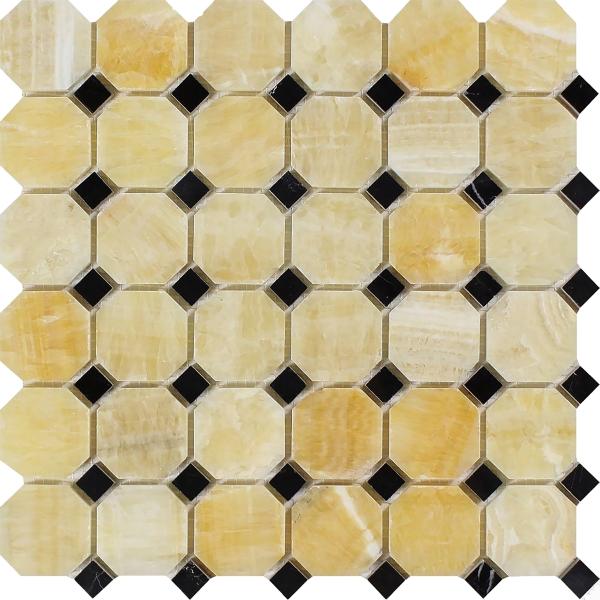 Honey Onyx Polished Octagon w/ Black Dots Mosaic  Tile