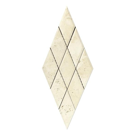 Ivory Travertine Honed Deep Beveled Diamond Mosaic Wall Tile 3x6"