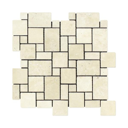 Ivory Travertine Tumbled Mini Versailles Mosaic Tile