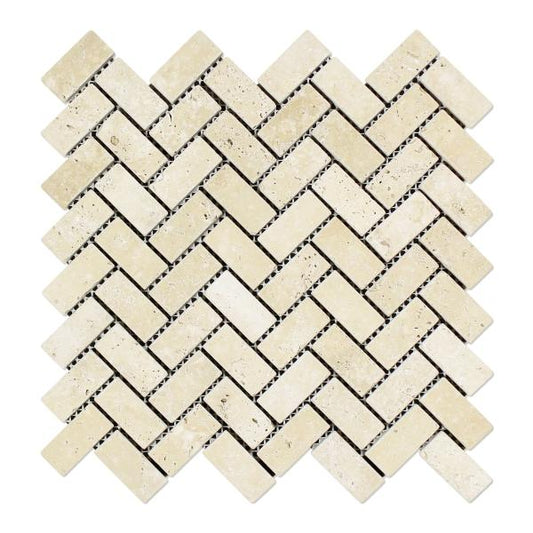 Ivory Travertine Tumbled Herringbone Mosaic Tile 1x2"