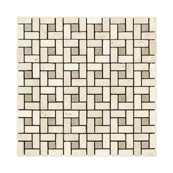 Ivory Travertine Tumbled Pinwheel (Mini) w/ Noce Dots Mosaic Tile