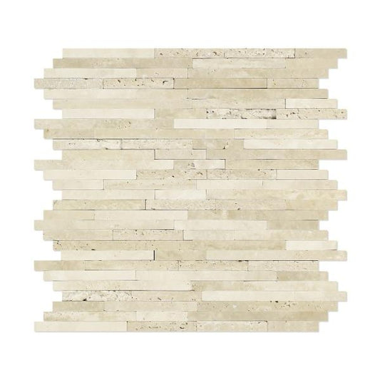 Ivory Travertine Honed & Split Faced Random Strip Mosaic Tile