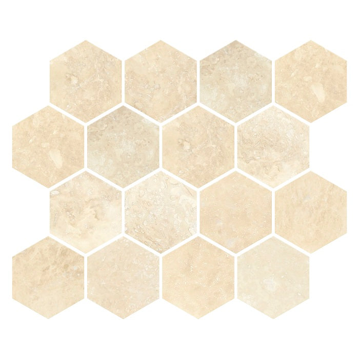 Ivory Travertine Filled & Honed Hexagon Mosaic Tile 2x2"