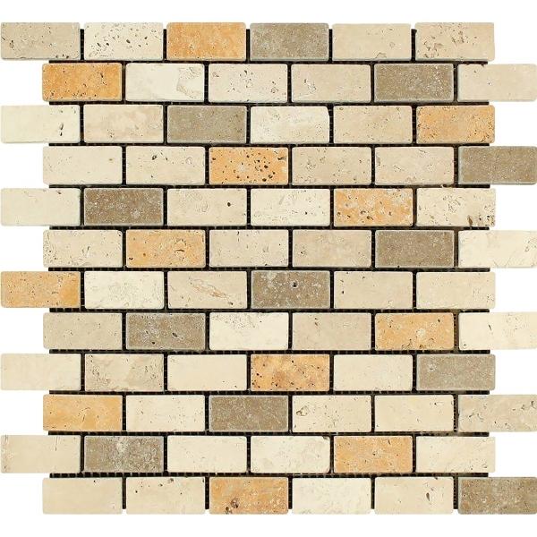 Mixed Travertine Tumbled Brick Wall and Floor Mosaic Tile 1x2"