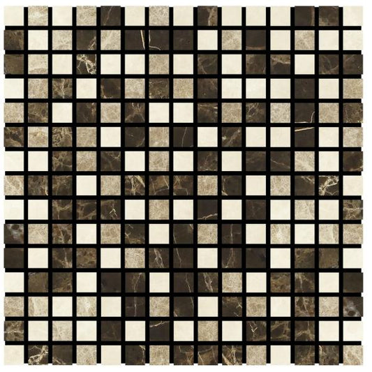 Noble White Cream Polished Square w/Emp. Dark Mosaic 1×1"