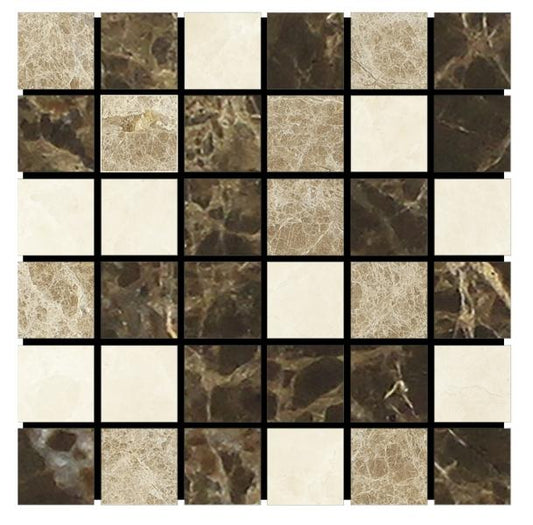 Noble White Cream Polished Square w/Emp. Dark Mosaic Tile 2×2"