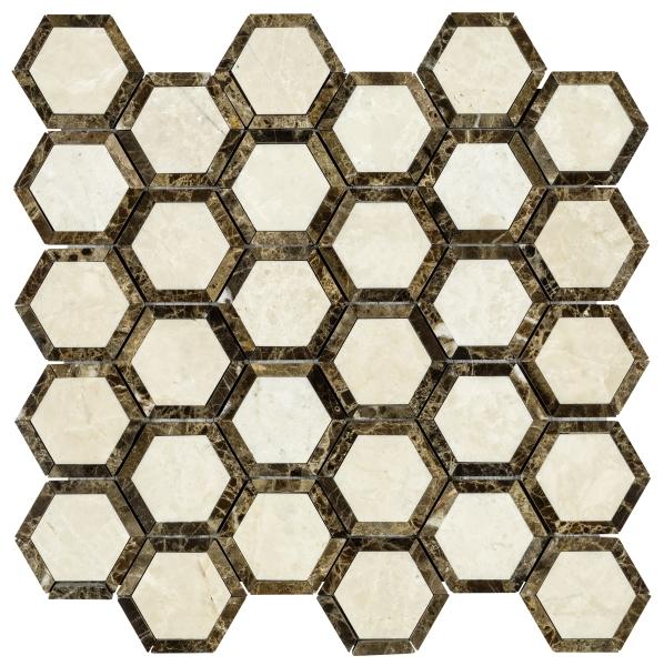 Noble White Cream Vortex Hexagon w/ Emp. Dark Mosaic Tile 2"