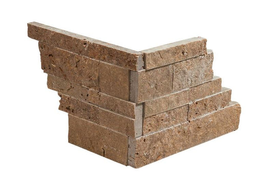 Noce Travertine Split Faced Corner Ledger Wall Tile