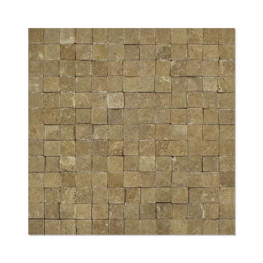 Noce Travertine Split Faced Square Mosaic Tile 1x1"