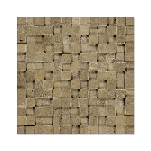 Noce Travertine Split Faced 3D Mosaic Tile 1x1"