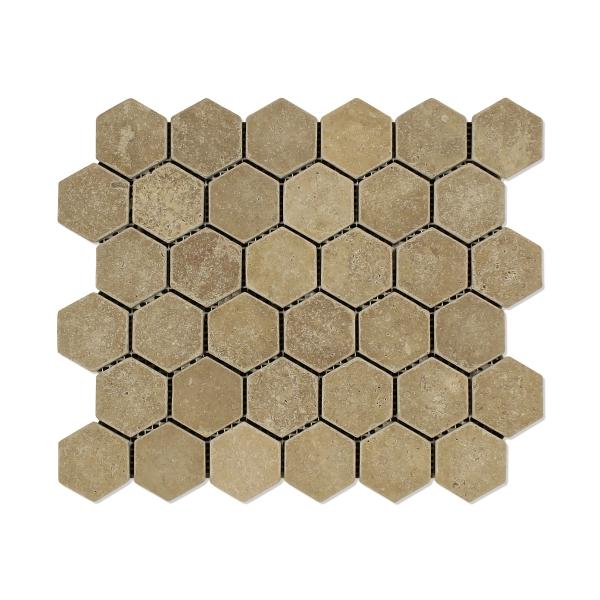 Noce Travertine Tumbled Hexagon Mosaic Tile 2x2"