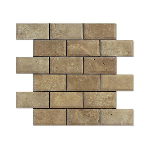 Noce Travertine Honed Beveled Brick Mosaic Tile 2x4"