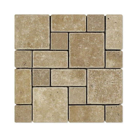 Noce Travertine Tumbled Mini Pattern Mosaic Tile