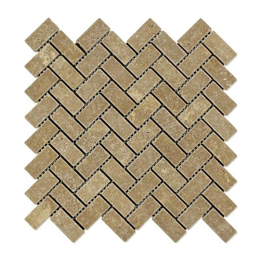 Noce Travertine Tumbled Herringbone Mosaic Tile 1x2"