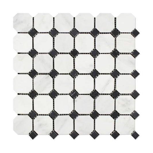 Oriental White Octagon w/ Black Dots Mosaic Tile
