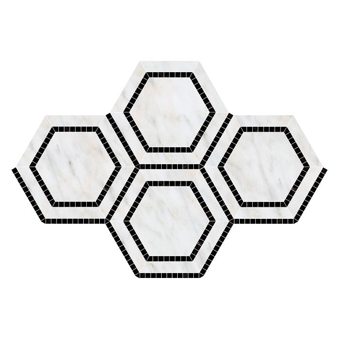 Oriental White Hexagon Combination Mosaic w/Black Mosaic Tile 5x5"