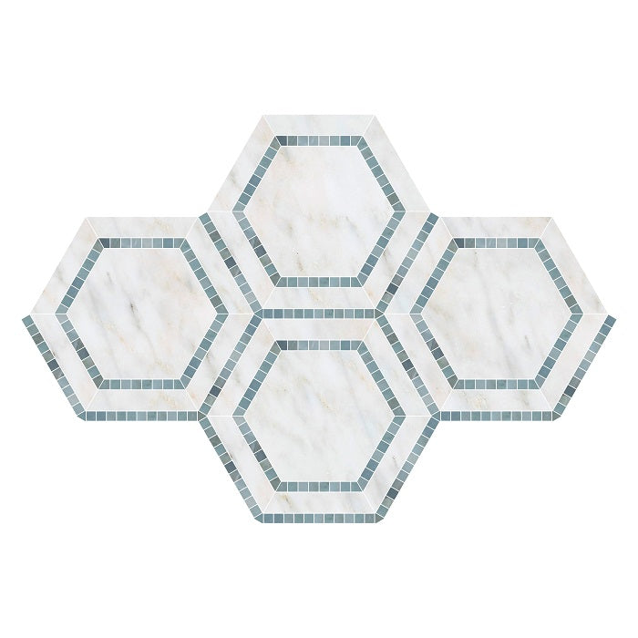 Oriental White Hexagon Combination w/ Blue - Gray Mosaic Tile 5x5"