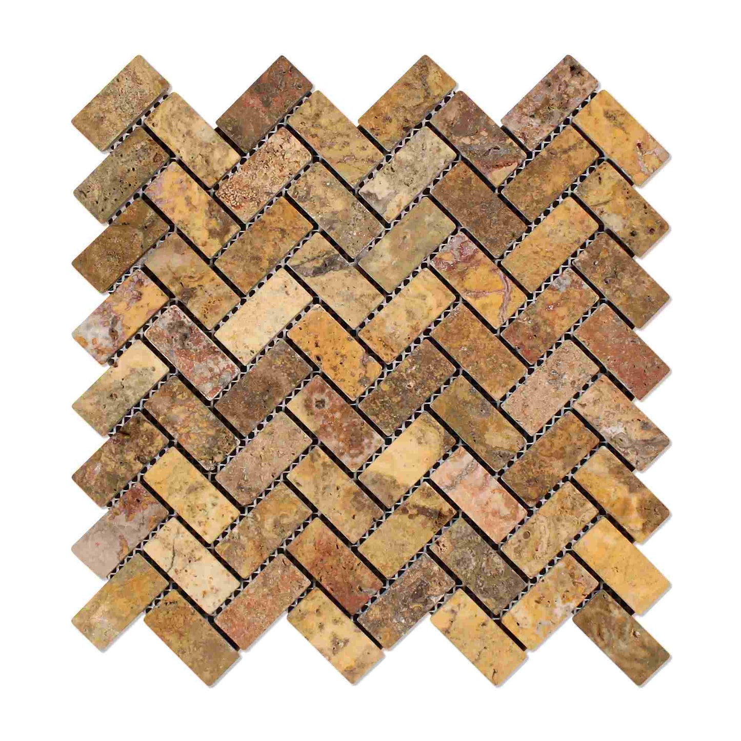 Scabos Travertine Tumbled Herringbone Mosaic Tile 1x2"