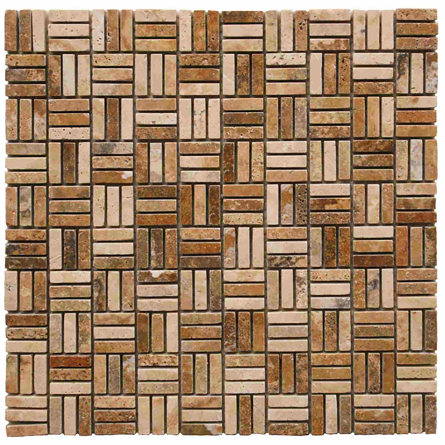 Scabos Travertine Tumbled Triple Strip Mosaic Tile 5/8x2"