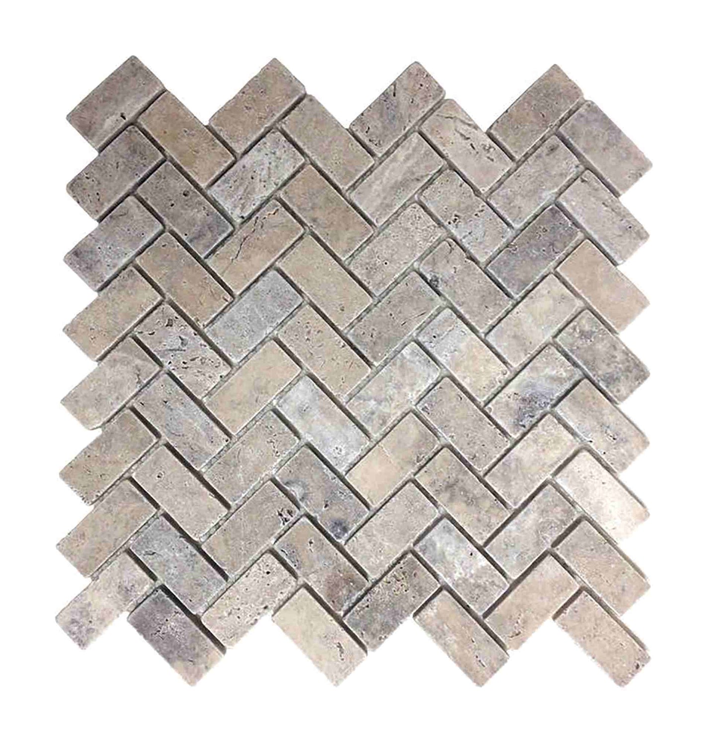 Silver Travertine Tumbled Herringbone Mosaic Tile 1x2"