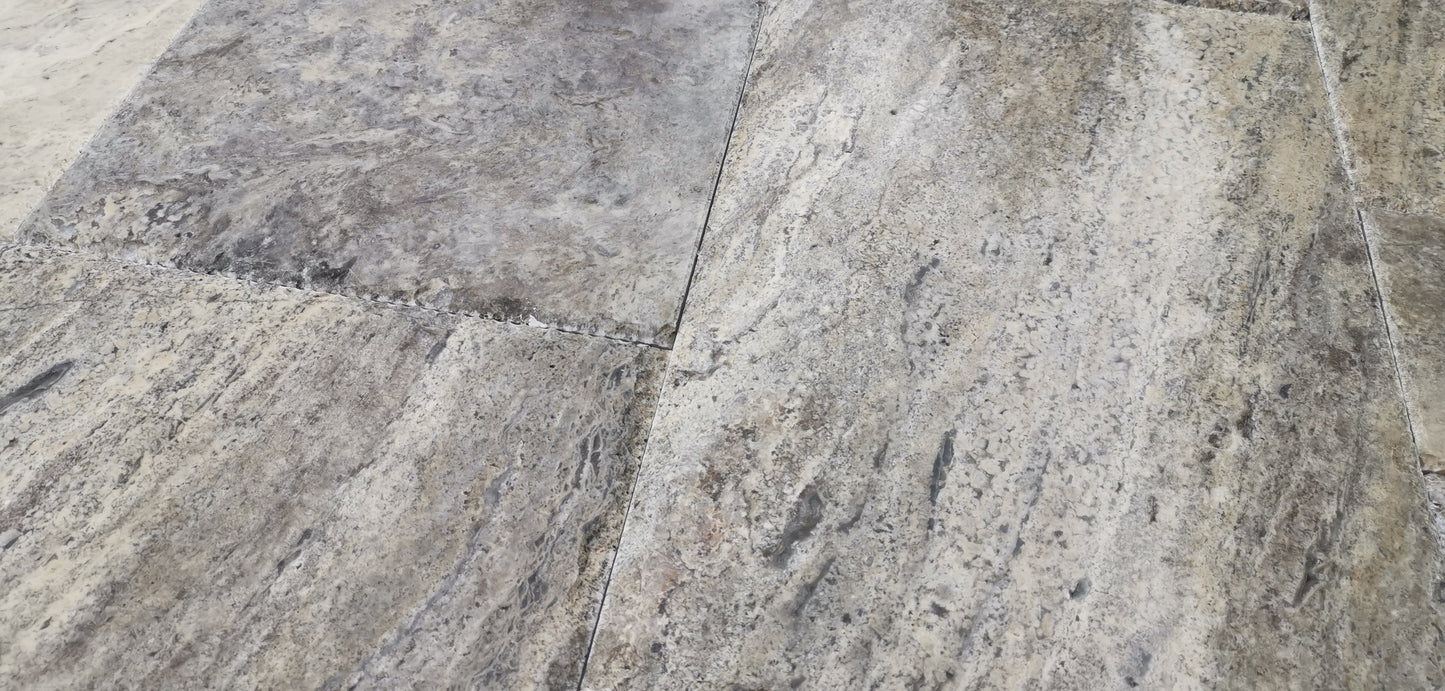 Silver Travertine Brushed & Chiseled Versailles Floor Tile