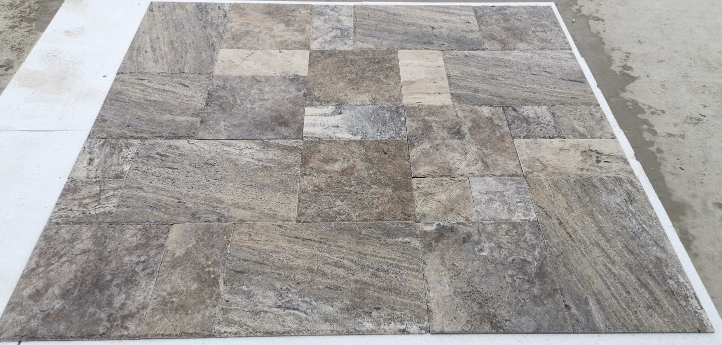 Silver Travertine Brushed & Chiseled Versailles Floor Tile