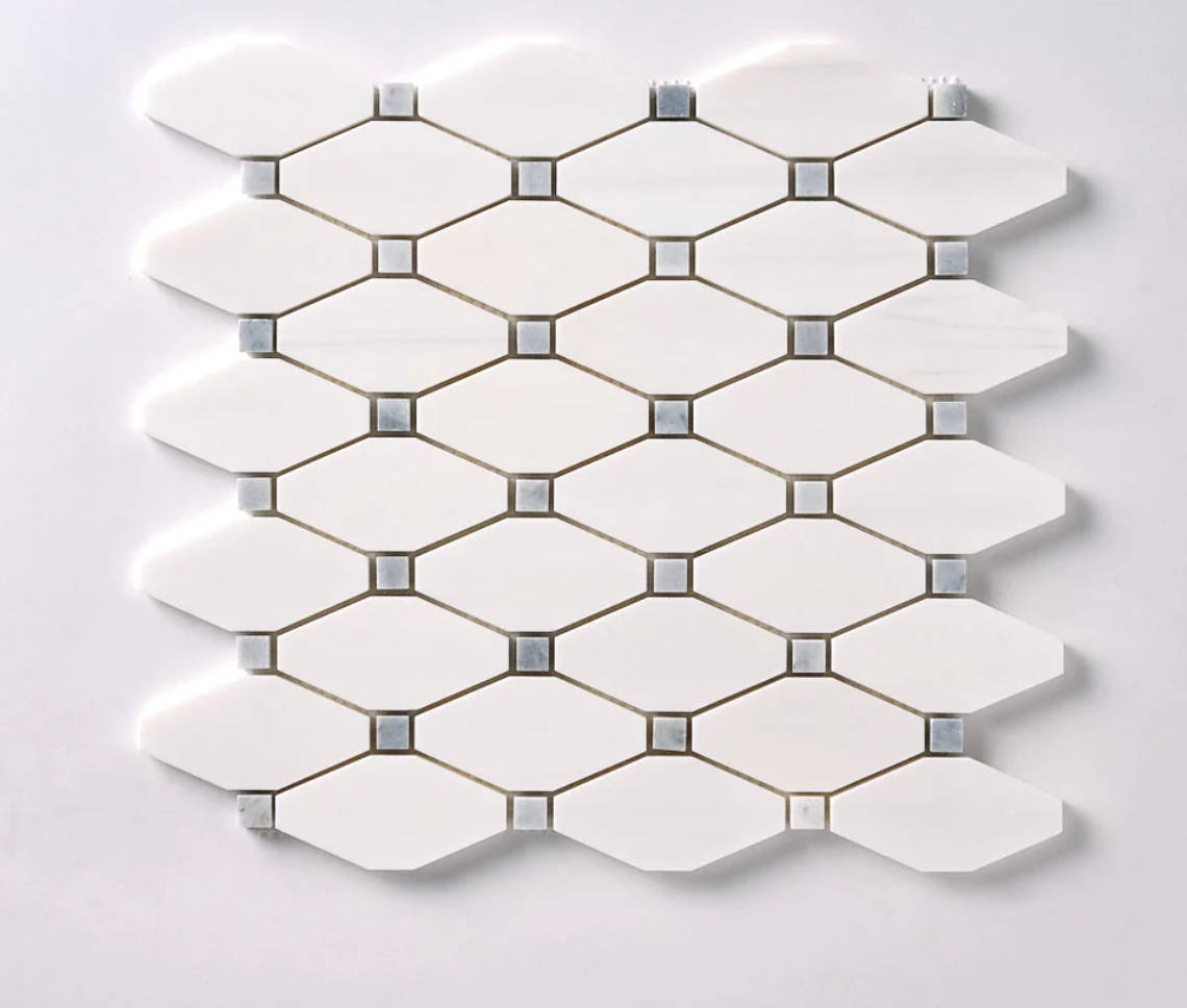 Bianco Dolomite Octave Polished w/Blue - Gray Dots Mosaic Tile