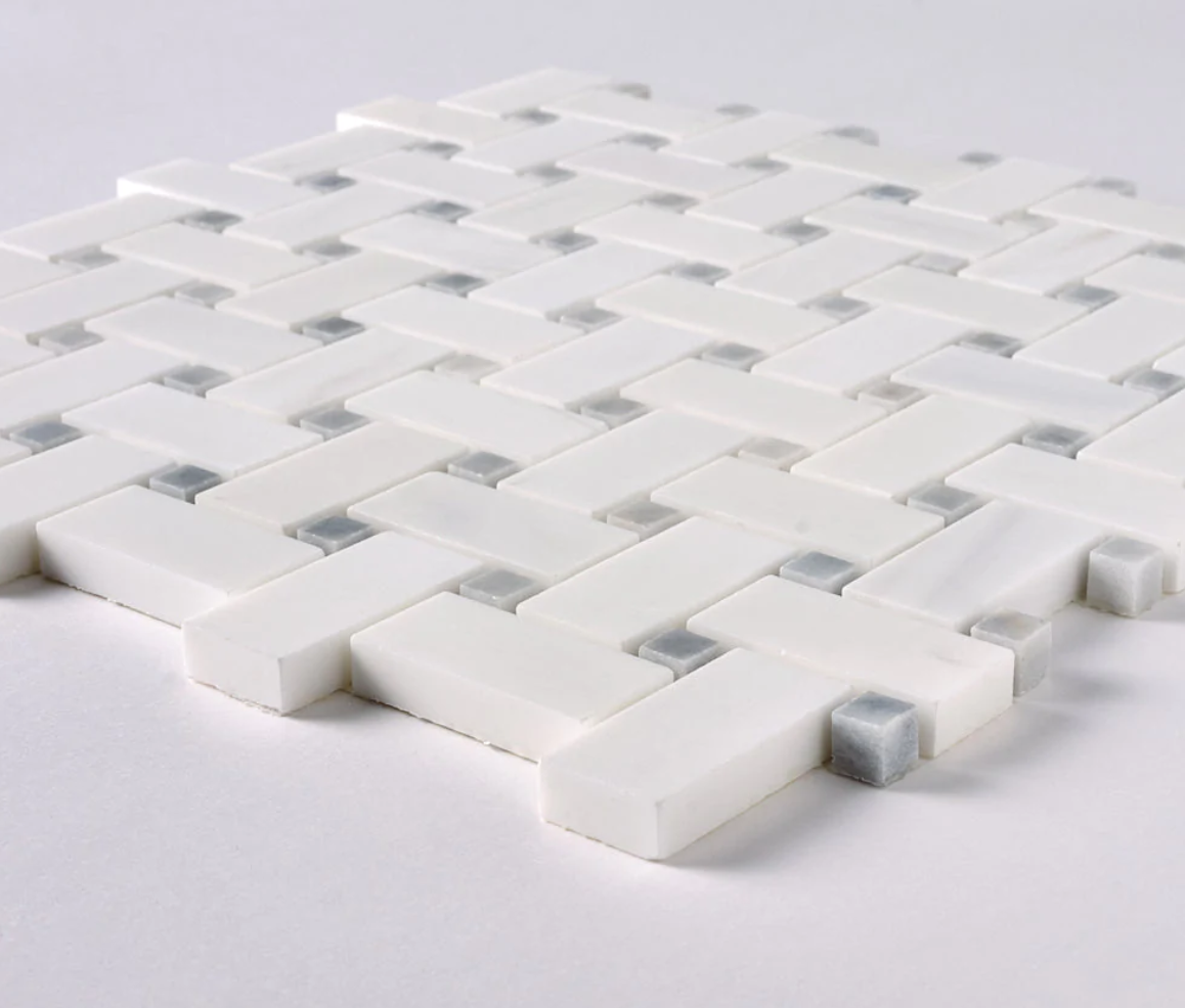 Bianco Dolomite Polished Basketweave w/ Blue - Gray Dots Mosaic Tile