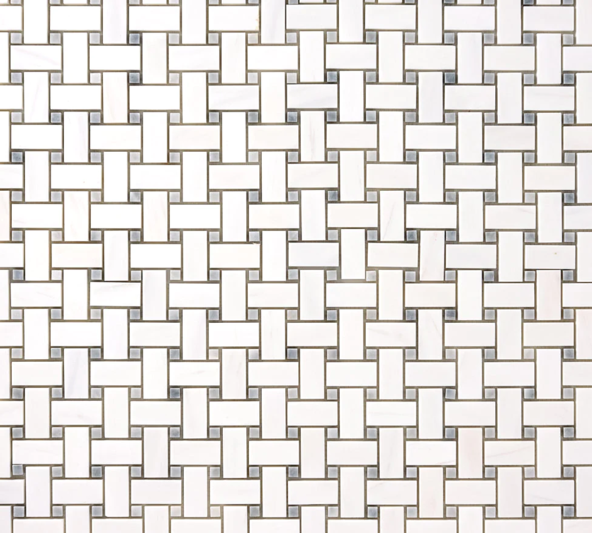 Bianco Dolomite Polished Basketweave w/ Blue - Gray Dots Mosaic Tile