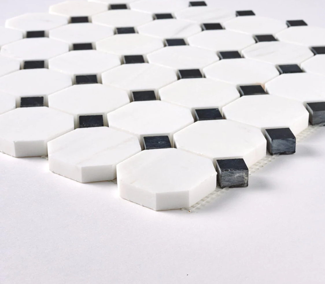 Bianco Dolomite Polished Octagon w/ Black Dots Mosaic Tile