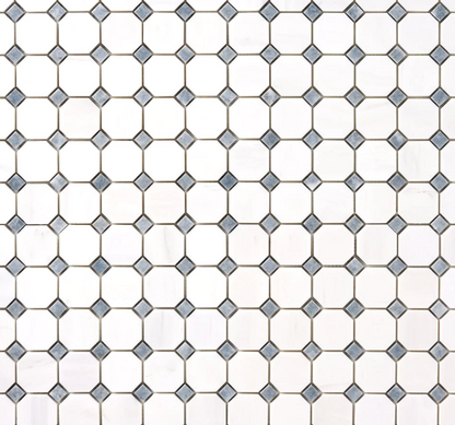 Bianco Dolomite Polished Octagon w/ Blue - Gray Dots Mosaic Tile