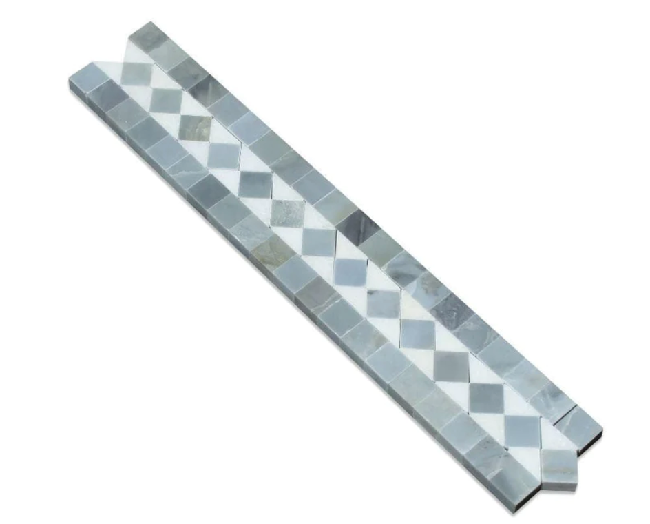 Carrara Italian White BIAS Border Tile with Blue & Gray  2" x 12"