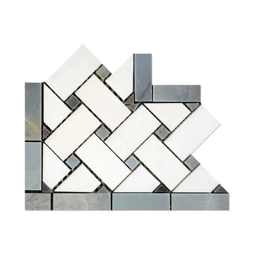 Thassos White Marble Border 3/8 Basketweave Corner Border w/ Blue-Gray