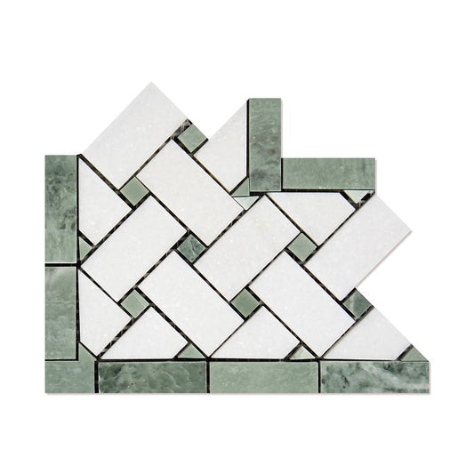 Thassos White Basketweave w / Ming Green Border Corner