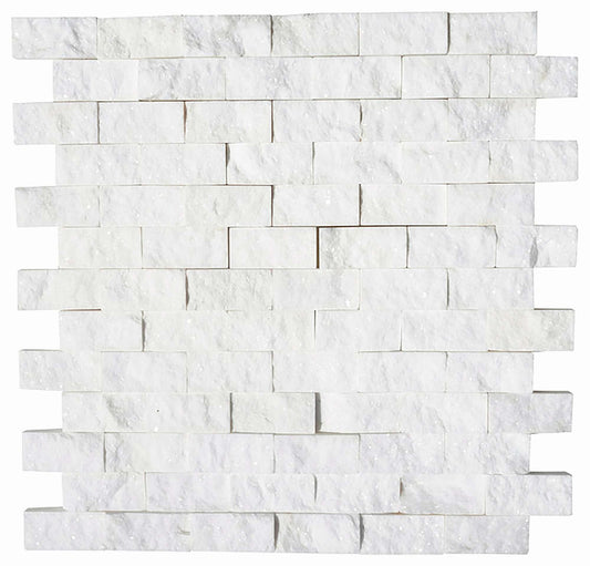 Thassos White Split Faced Brick Mosaic Tile 1x2"