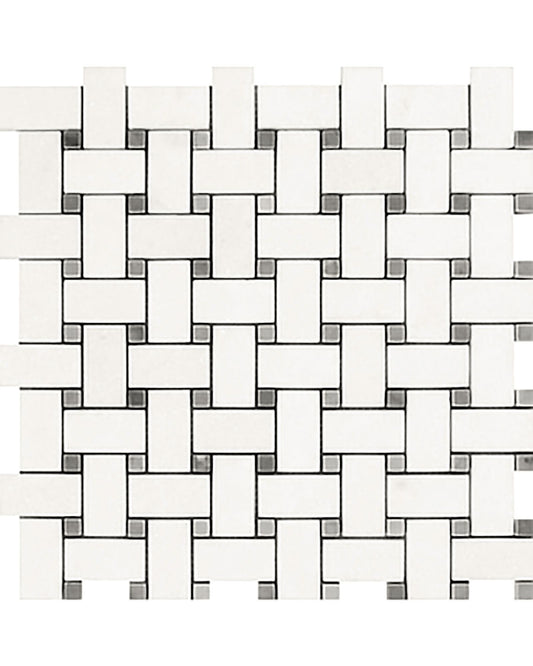 Thassos White Basketweave w/ Blue - Gray Dots Mosaic Tile