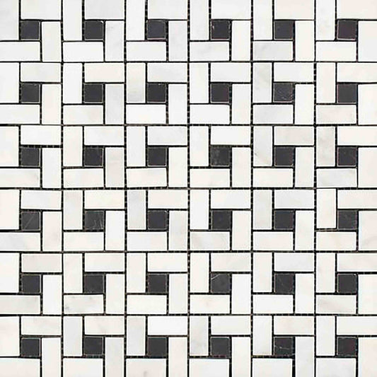 Thassos White Mini Pinwheel w/ Black Dots Mosaic Tile