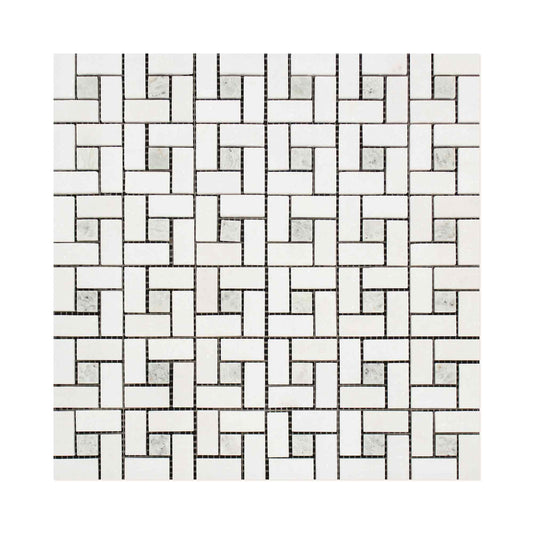 Thassos White Mini Pinwheel w/ Ming Green Mosaic Tile