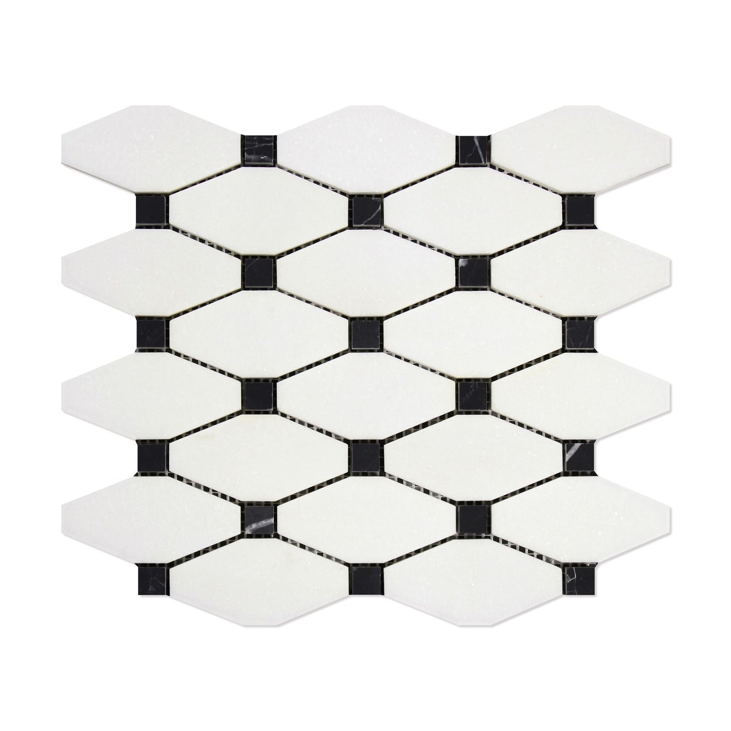 Thassos White Long Octagon w/ Black Mosaic Tile