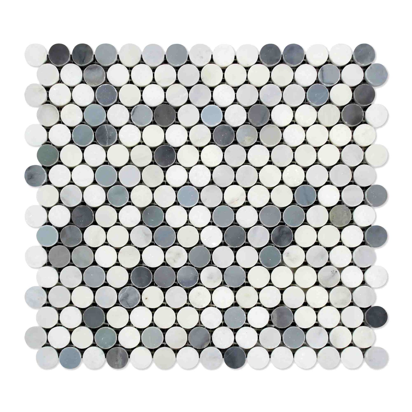 Thassos White Penny Round w/Blue - Gray Mosaic Tile