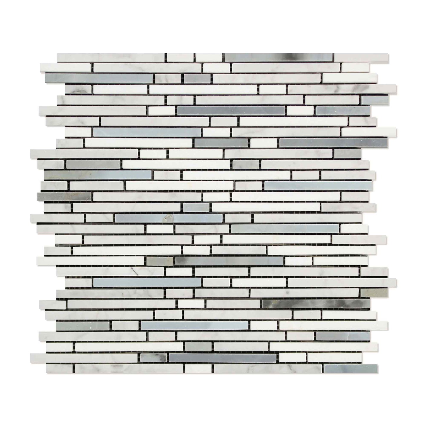 Thassos White 3/8 Bamboo Sticks w/Blue - Gray Marble Mosaic Tile