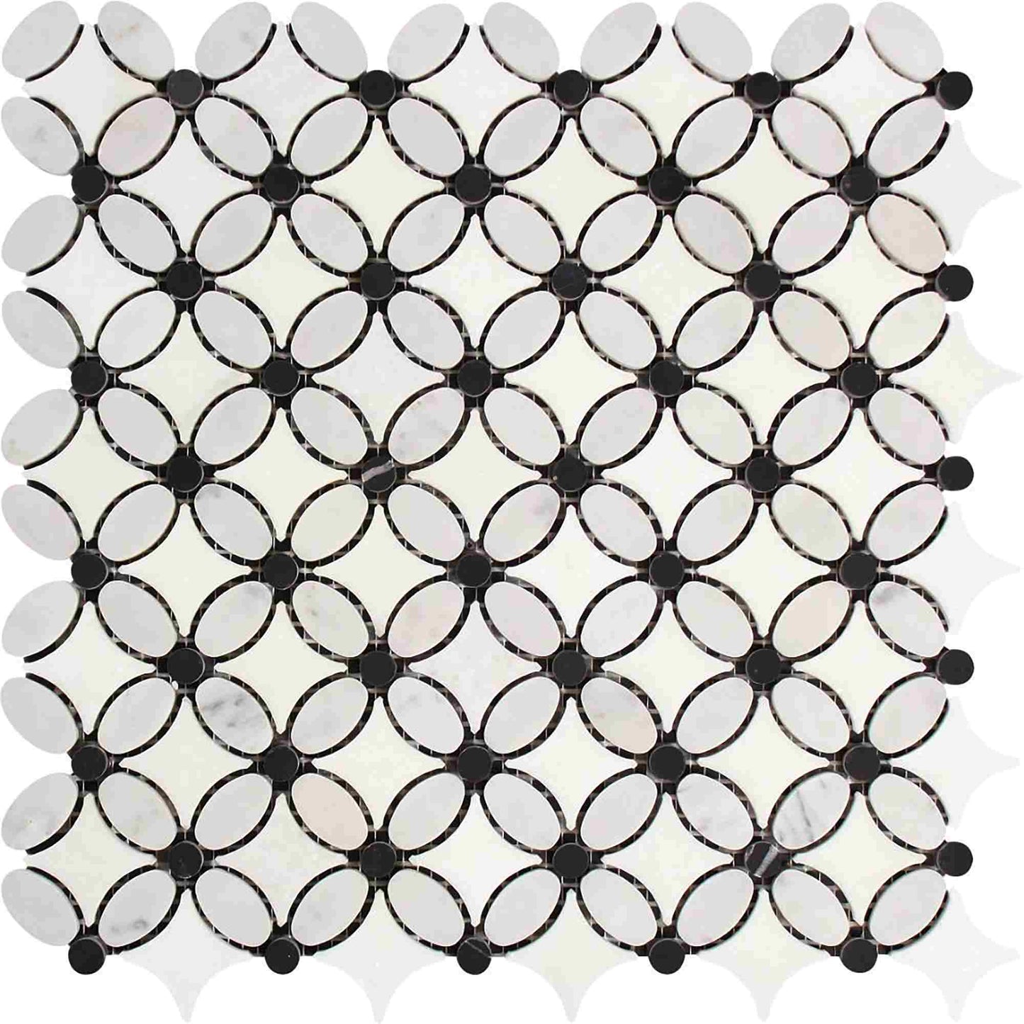 Thassos White Florida Flower w/Black Mosaic Tile