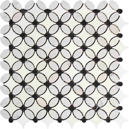 Thassos White Florida Flower w/Black Mosaic Tile