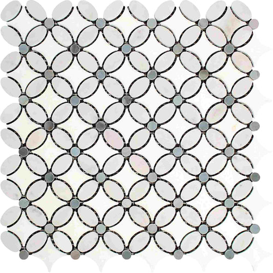 Thassos White Florida Flower Blue - Grey Dots Mosaic Tile