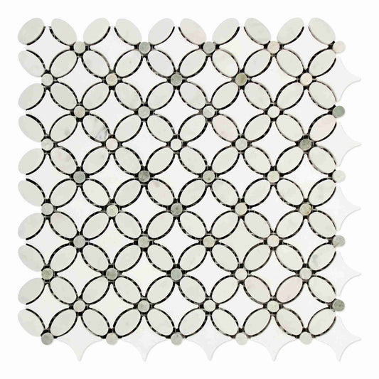 Thassos White Florida Flower w/Ming - Green Mosaic Tile