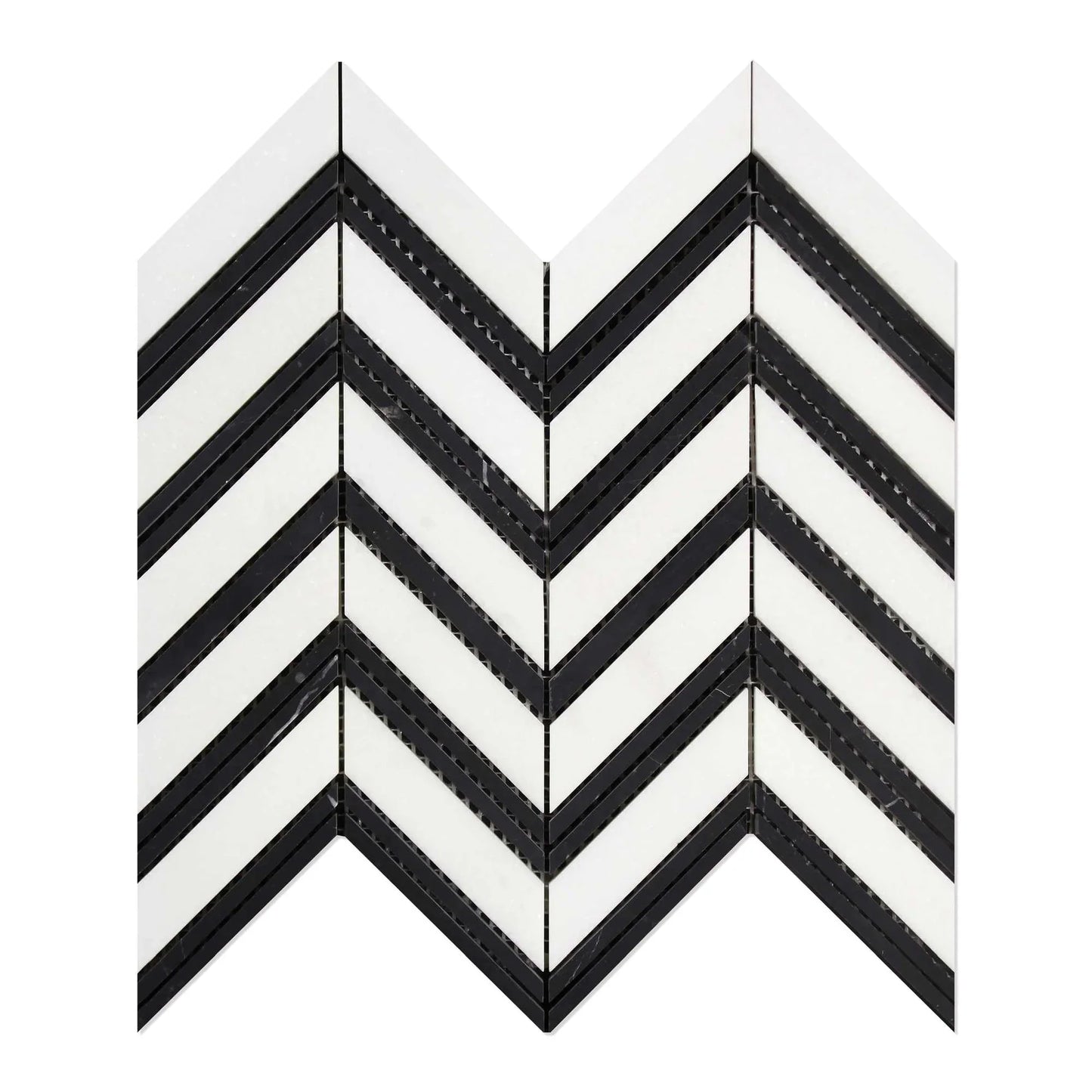 Thassos White Chevron - LARGE (Black Strips) Mosaic Polished