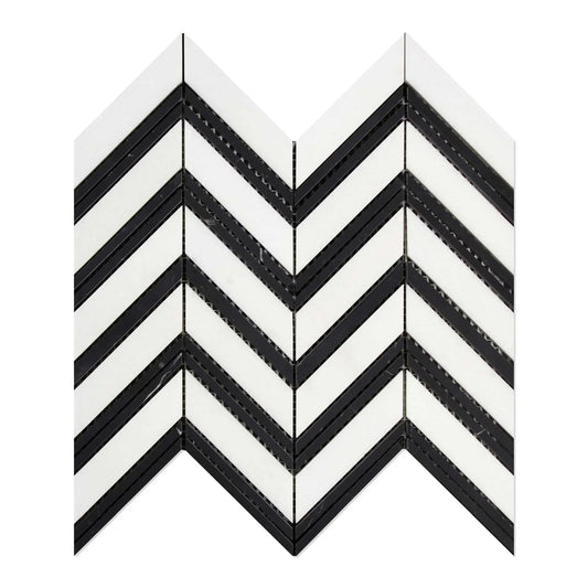 Thassos White Chevron - LARGE (Black Strips) Mosaic Polished