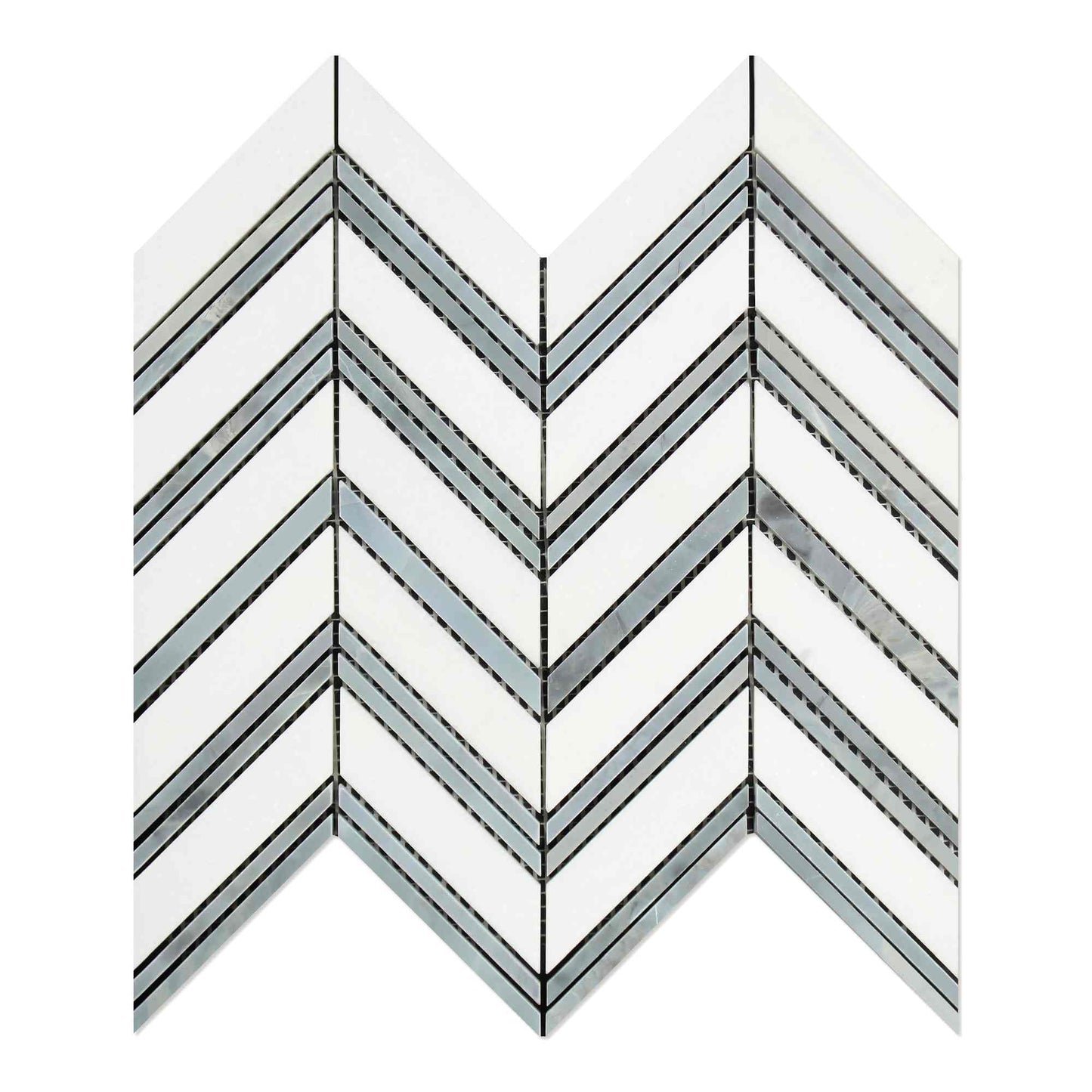 Thassos White 3/8 Chevron w/Blue - Gray Marble Mosaic Tile - Large (Thassos + Blue-Gray (Thin Strips))